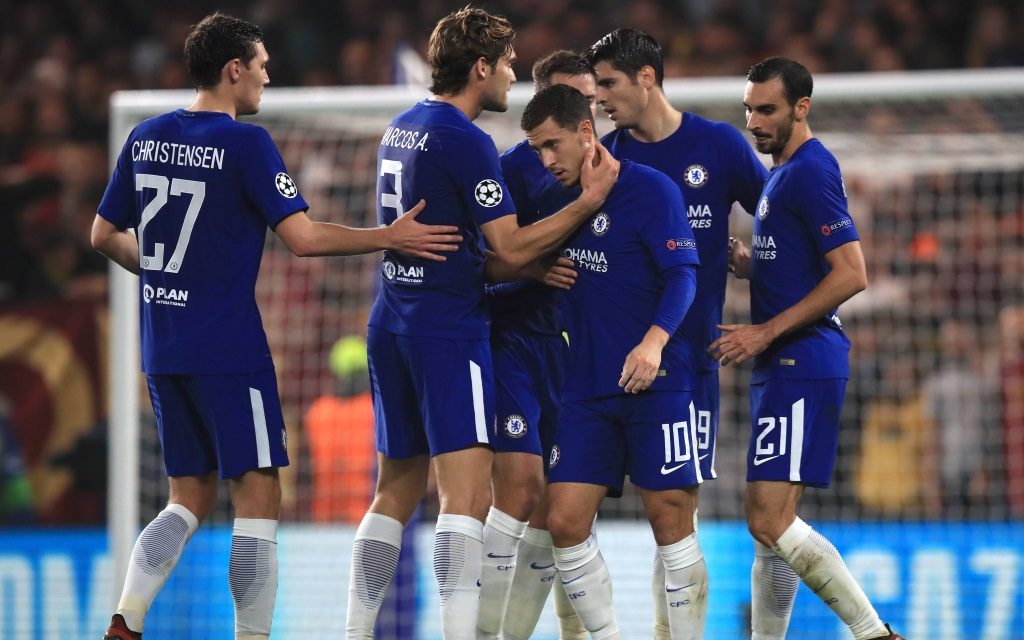 Chelsea-Profis bejubeln ein Tor in der Champions League gegen den AS Rom in der Saison 2017/18.