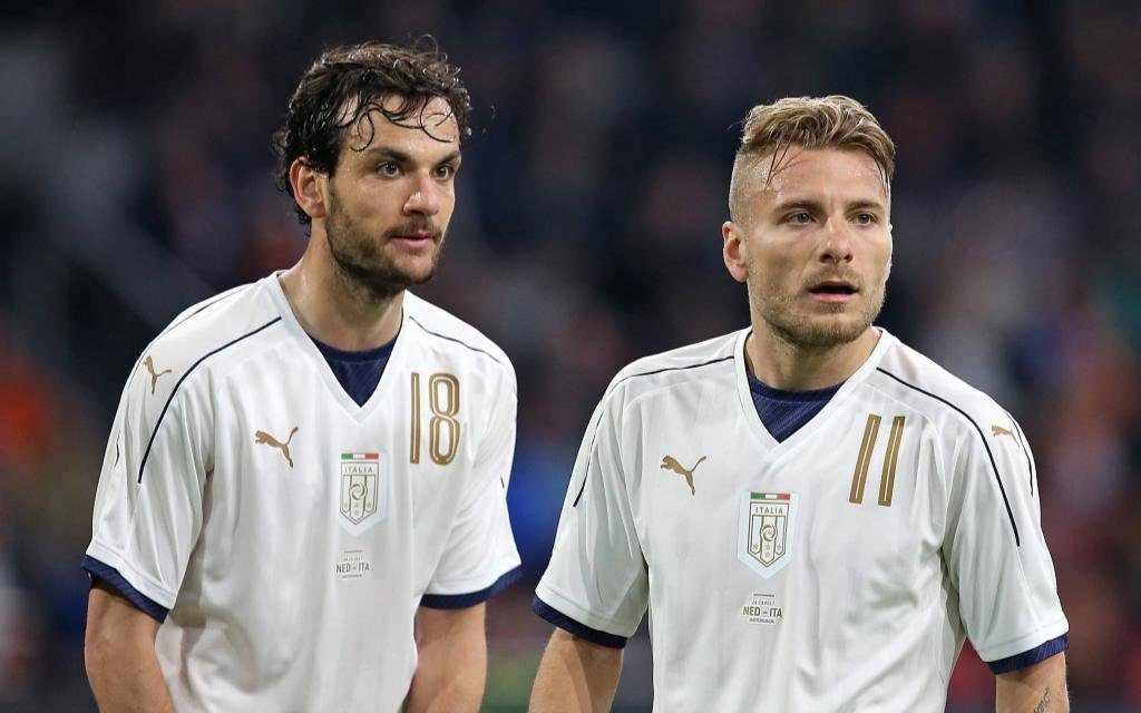 Marco Parolo und Ciro Immobile im Testspiel zwischen der Niederlande und Italien.