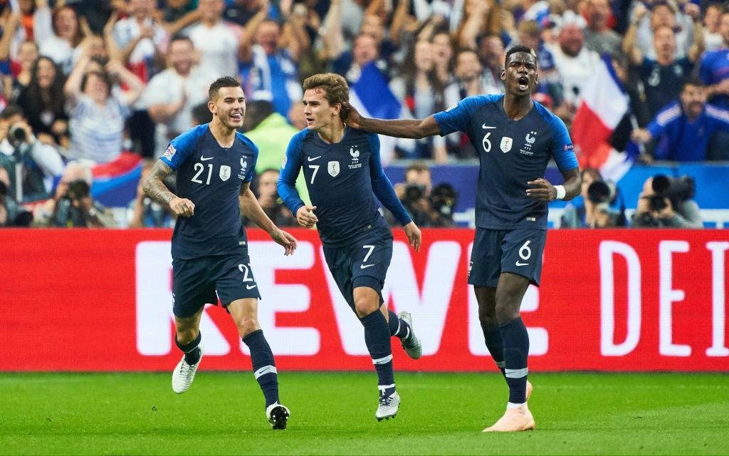 France - Germany, Soccer, Paris, October 16, 2018 Antoine GRIEZMANN, FRA 7 celebrates his goal 1-1 with Paul POGBA, FRA 6 Lucas HERNANDEZ