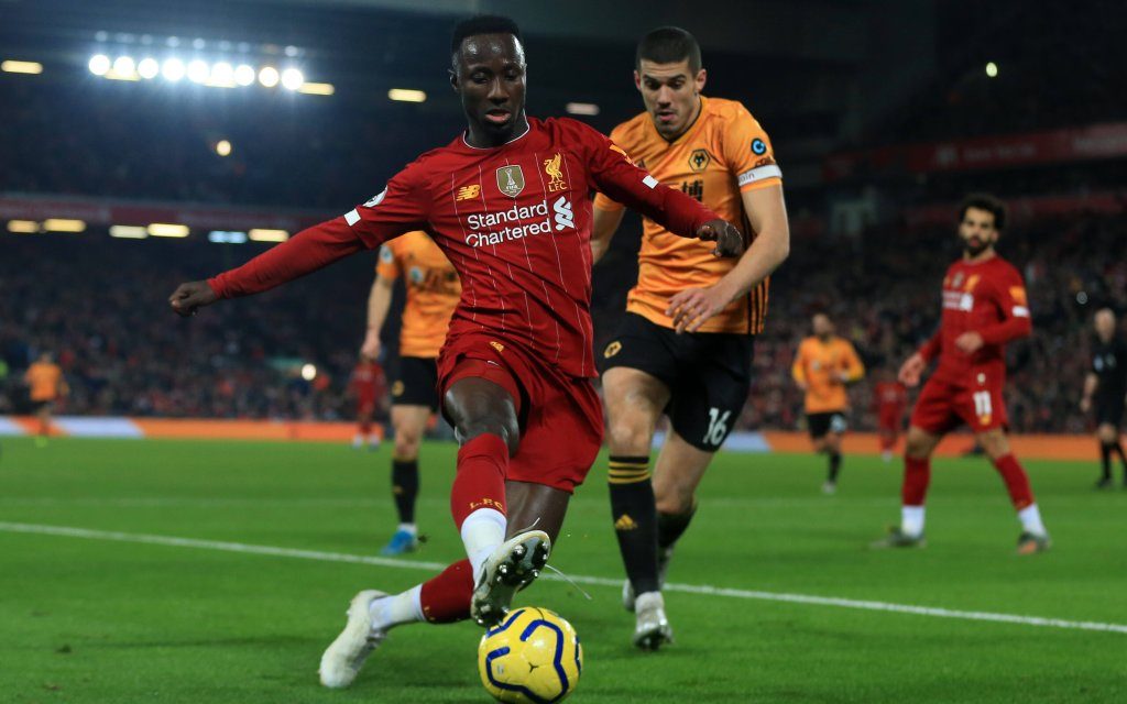 29th December 2019 Anfield, Liverpool, Merseyside, England English Premier League Football, Liverpool versus Wolverhampton Wanderers Naby Keita of Liverpool shields the ball from Conor Coady of Wolverhampton Wanderers