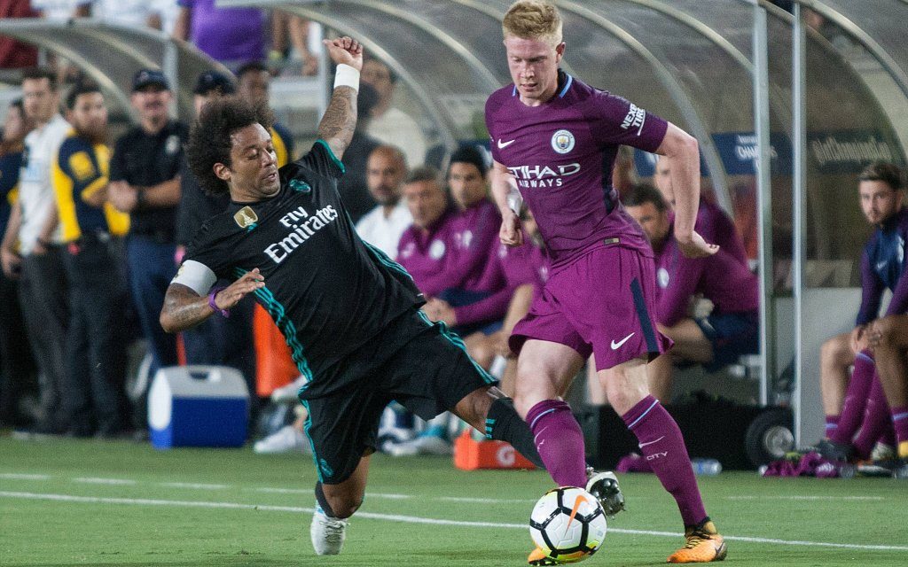 July 26, 2017 - Los Angeles, California, U.S - Marcelo 12 of Real Madrid goes for a take away from Kevin De Bruyne 17 of Manchester City during their International Champions Cup game at the Los Angeles Memorial Coliseum in Los Angeles
