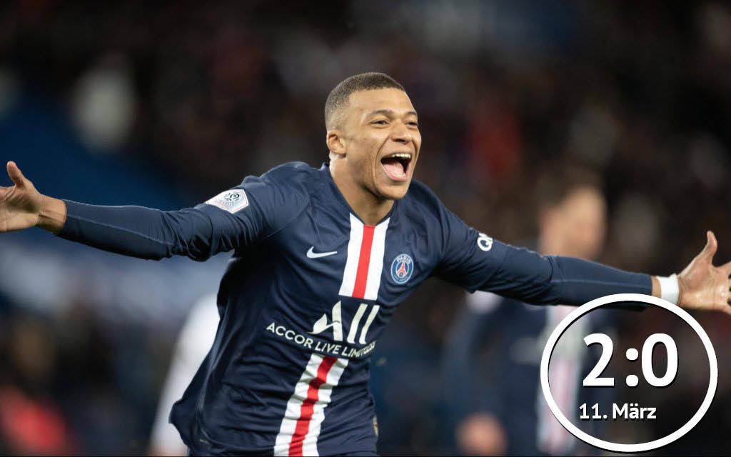 Kylian Mbappe von Paris Saint-Germain feiert einen Treffer für PSG.