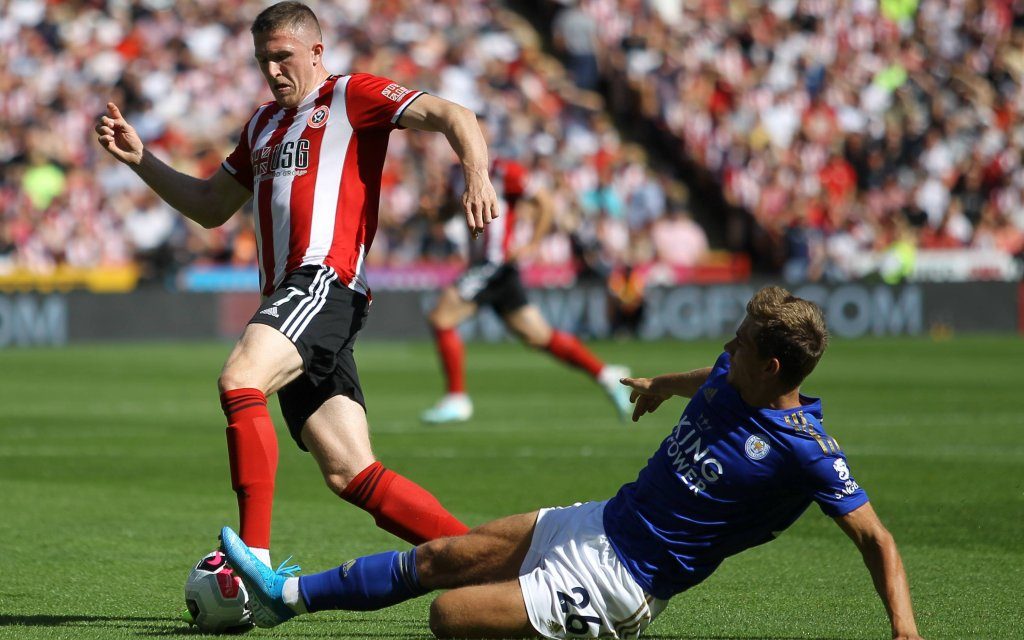 John Lundstram (Sheffield United FC) during the Premier League match between Sheff United and Leicester City at Bramall Lane, Sheffield, England on 24 August 2019