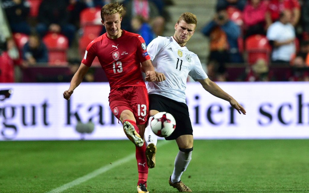 L-R JAN KOPIC (CZE) and TIMO WERNER (GER) in action during the Football world qualifier, Group C, match Czech Republic vs Germany, in Prague, Czech Republic, on Friday, September 1st, 2017.