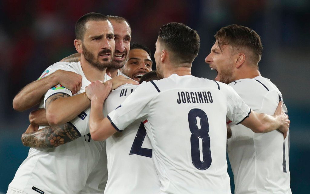 Players of Italy celebrate Turkey s defender Merih Demiral s owngoal during the group A match between Turkey and Italy at the UEFA EURO