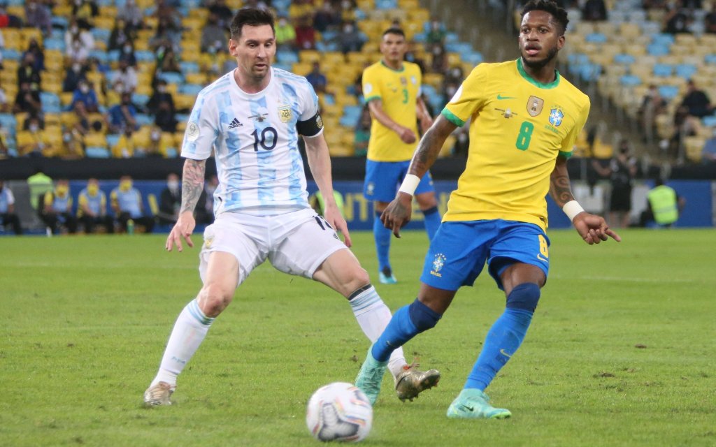 Keywords: , x0x, Lionel, Messi, of, Argentina, and, Fred, of, Brazil, During, match, between, Argentina, and, Brazil, on, July, 11, 2021, at, Maracana, stadium