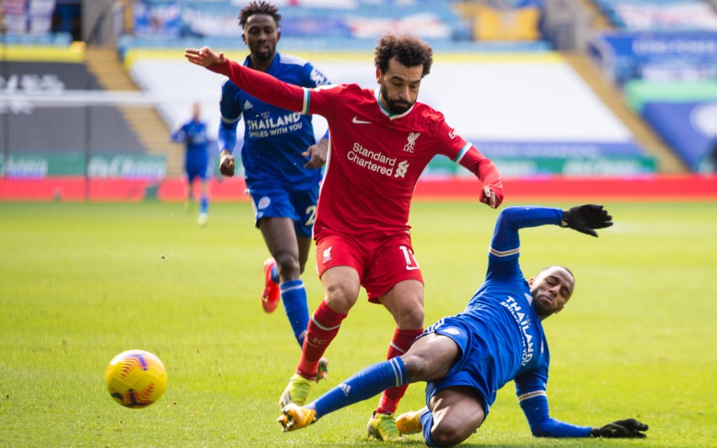 Leicester City v Liverpool Premier League Ricardo Pereira of Leicester City tackles Mohamed Salah of Liverpool during the Premier League match at the King Power Stadium