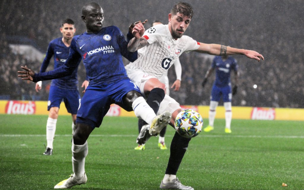 Football - 2019 / 2020 UEFA Champions League - Group H: Chelsea vs. Lille OSC N Golo Kante of Chelsea and XEKA of Lille, at Stamford Bridge.