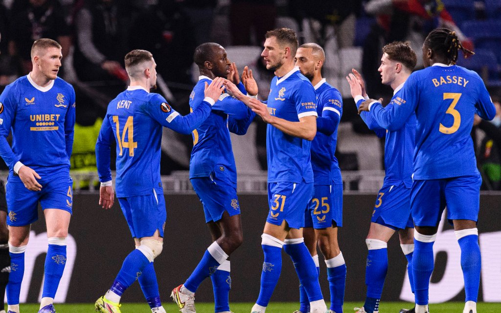 LYON, FRANCE - DECEMBER 09: Scott Wright of Rangers R celebrating his goal with his teammates during the UEFA Europa League group A match between Olympique Lyon and Rangers FC at Parc Olympique on December 9, 2021 in Lyon.