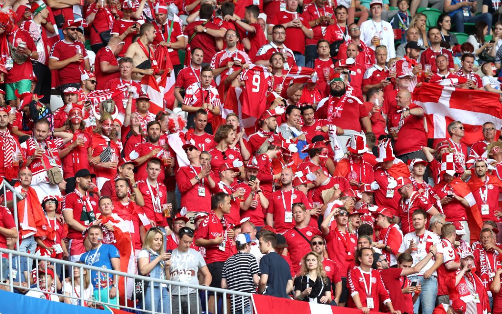 SAMARA, RUSSIA - JUNE 21, 2018: Denmark s fans root for their team in the 2018 FIFA World Cup WM Weltmeisterschaft Fussball First Stage Group C football match against Australia