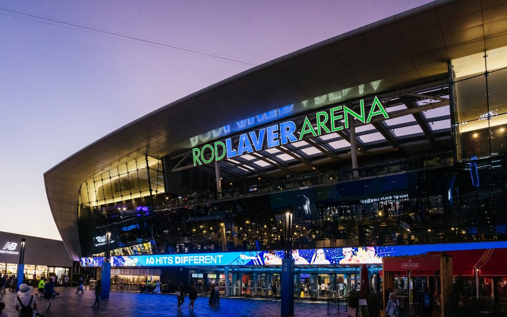 January 12, 2025, Melbourne, Victoria, Australia: MELBOURNE, AUSTRALIA - JANUARY 12: Australian Open Rod Laver Arena atmosphere at dusk on day 1 of the 2025 Australian Open at Melbourne Park